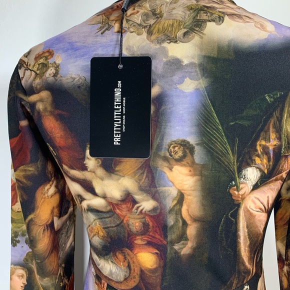 PrettyLittleThing PLT Mini Dress Renaissance Print Long Sleeve Brown Mix Scuba - Picture 8 of 14